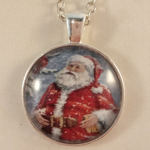 Silver Santa Claus Cabochon Pendant Necklace 20" Party Gift - Picture 2 of 3